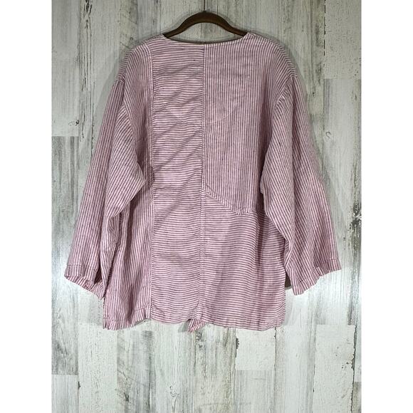 Mosaic USA Linen Top Small Pink Stripe Asymmetrical 3/4 Sleeve Artsy Lagenlook - Picture 2 of 7